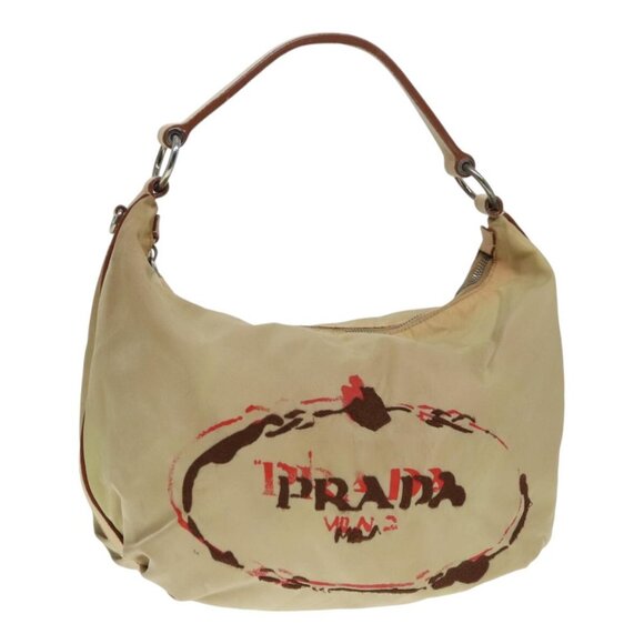PRADA Shoulder Bag Nylon Leather Beige Silver Auth 90608 - Picture 1 of 16